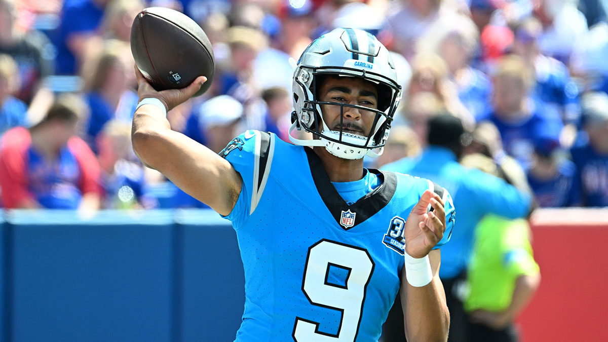 Carolina Panthers quarterback Bryce Young (9) throws a pass in the first quarter pre-season game against the Buffalo Bills at Highmark Stadium.