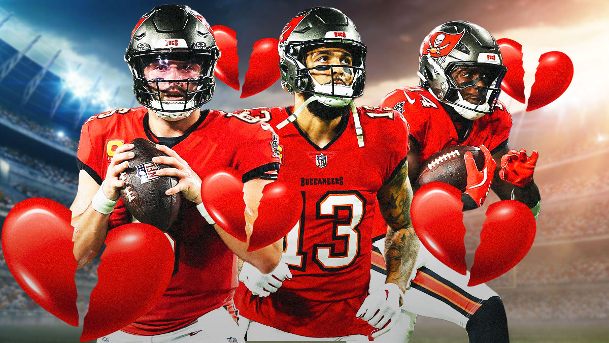 Buccaneers stars Baker Mayfield, Mike Evan, Chris Godwin, and broken heart emojis.