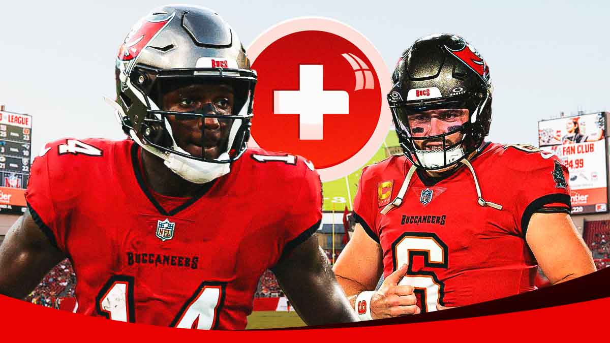 Chris Godwin in a Tampa Bay Buccaneers uniform with a red and white first aid symbol and Baker Mayfield in a Tampa Bay Buccaneers uniform looking unhappy as Mayfield is upset about Godwin's injury in the buccaneers loss Monday.
