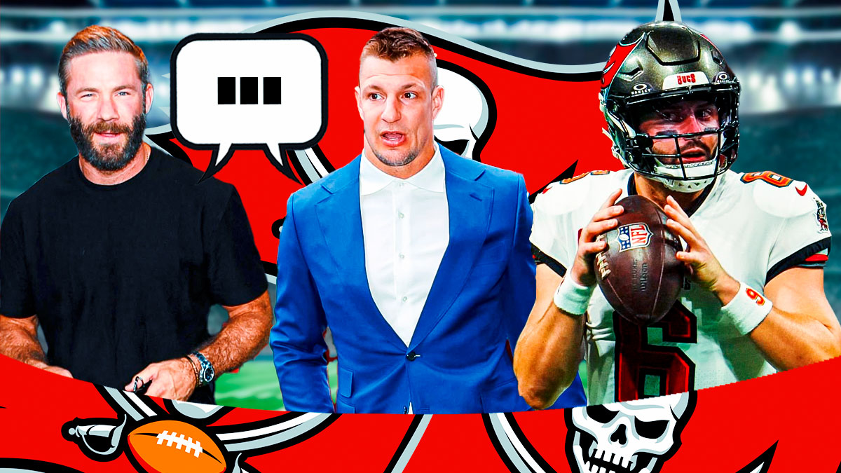 former NFL players Rob Gronkowski and Julian Edelman with a joint speech bubble that has the three dots emoji inside. They are next to Tampa Bay Buccaneers QB Baker Mayfield. There is also a logo for the Tampa Bay Buccaneers.