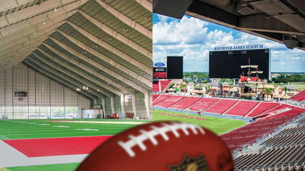 A side-by-side image of the Tampa Bay Buccaneers, Raymond James Stadium while also having the Buccaneers practice facility next to it.