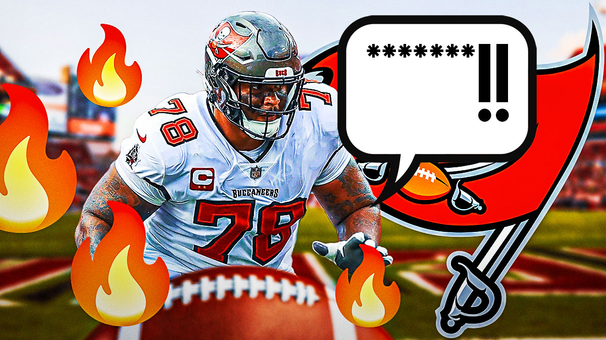 Tampa Bay Buccaneers tackle Tristan Wirfs with fire emojis over his eyes and a speech bubble that says "*******!!" There is also a logo for the Tampa Bay Buccaneers.