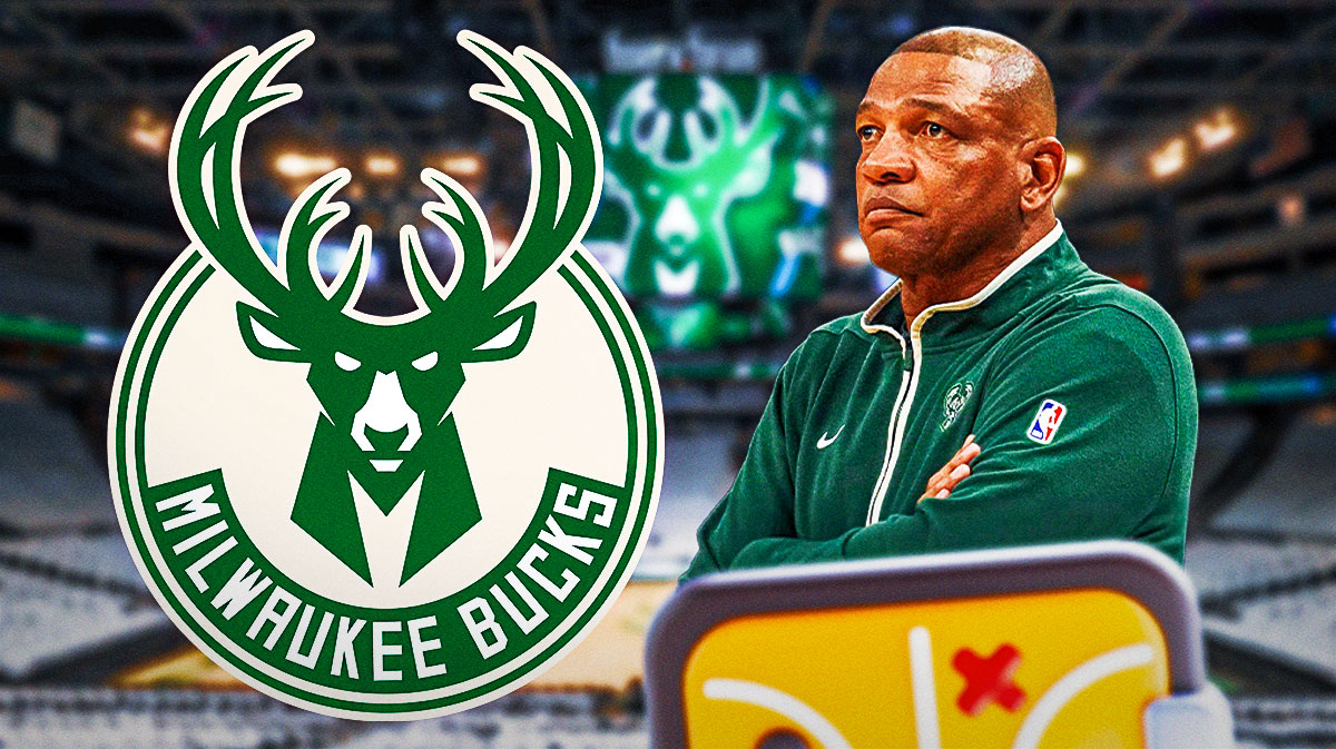 Bucks Doc Rivers with Milwaukee Bucks logo