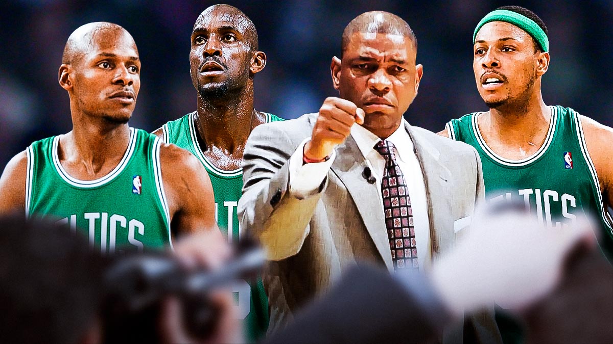2008 Celtics versions of Kevin Garnett, Paul Pierce and Ray Allen with Doc Rivers in the middle.