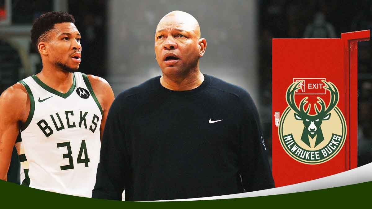 Doc Rivers on a hot seat, Giannis Antetokounmpo, the Bucks logo with an exit door.