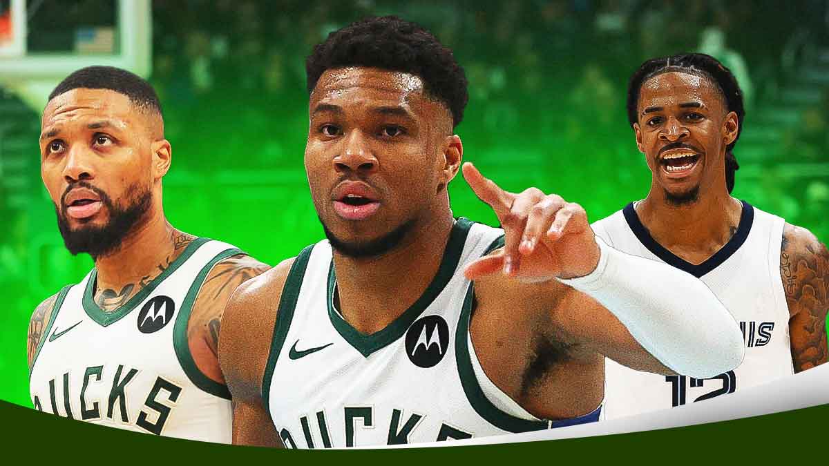 Bucks' Giannis Antetokounmpo and Damian Lillard looking angry, with Grizzlies' Ja Morant laughing at them