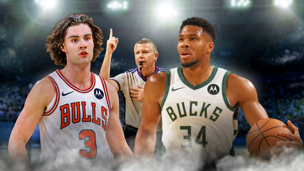 Bucks' Giannis Antetokounmpo & Bulls' Josh Giddey with an NBA ref blowing his whistle between them