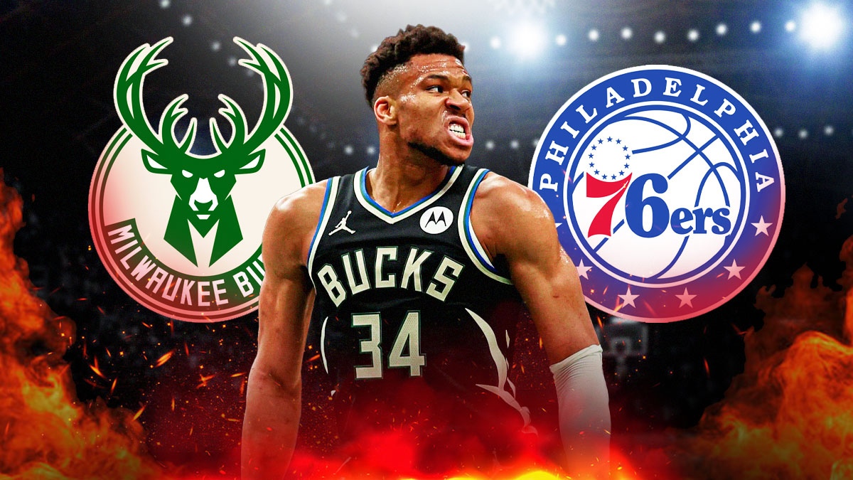 Giannis Antetokounmpo fire emoji next to Bucks-Sixers logos.