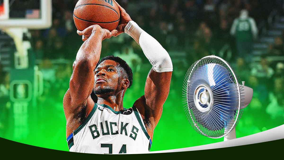 Bucks star Giannis Antetokounmpo shooting a free throw with a box fan blowing.