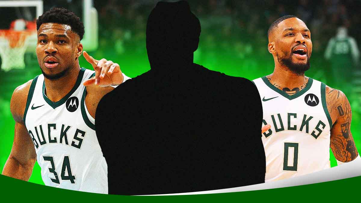 Giannis Antetokounmpo in Milwaukee Bucks jersey on the left, Damian Lillard in Bucks jersey on the right. Shadow/silhouette of basketball player in between Antetokounmpo and Lillard