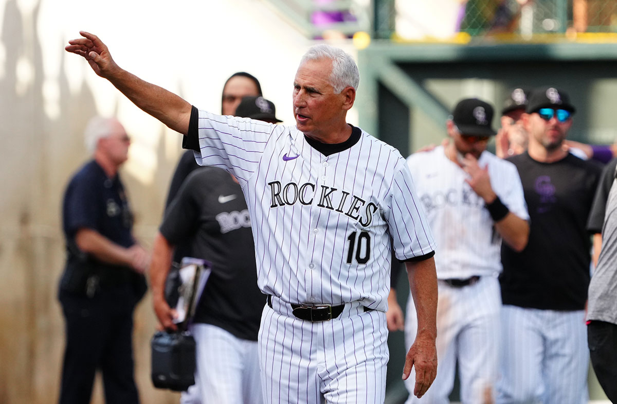 Colorado Rockies manager Bud Black (10) waves to fans following the loss to the Los Angeles Dodgers at Coors Field.
