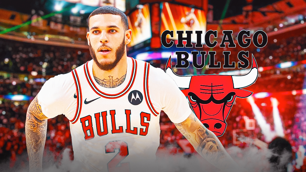 Lonzo Ball beside the Chicago Bulls logo