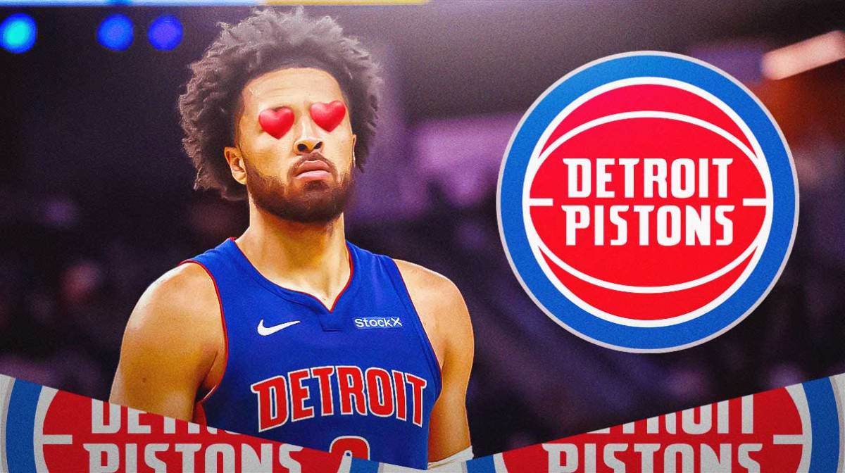 Pistons Cade Cunningham with hearts in his eyes looking at the Detroit Pistons 2024 logo.