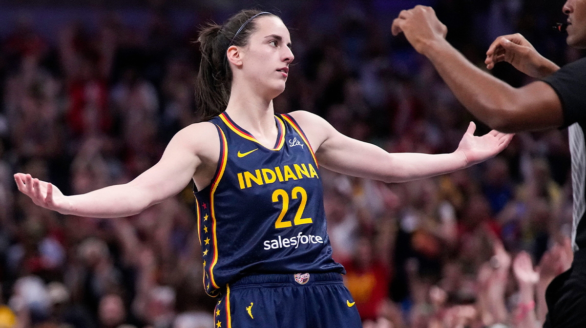 Indiana Fever guard Caitlin Clark (22) celebrates a three-point basket Sunday, Sept. 15, 2024, during the game at Gainbridge Fieldhouse in Indianapolis.