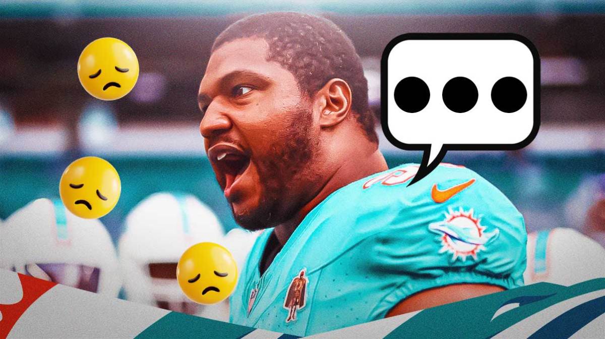 Miami Dolphins defensive lineman Calais Campbell with a speech bubble that has the three dots emoji inside. He is also surrounded by sad emojis (😔). There is also a logo for the Miami Dolphins.