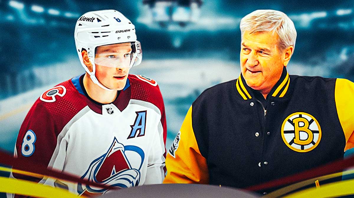 Colorado Avalanche player Cale Makar next to Boston Bruins legend Bobby Orr