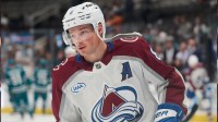 Colorado Avalanche defenseman Cale Makar (8) warms up on the ice before the game between the San Jose Sharks and the Colorado Avalanche at SAP Center at San Jose.