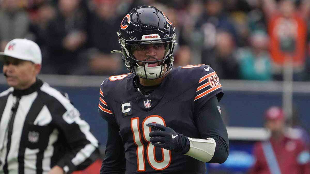 October 13, 2024; London, United Kingdom; Chicago Bears quarterback Caleb Williams (18) celebrates after a touchdown against the Jacksonville Jaguars in the second half during an NFL International Series game at Tottenham Hotspur Stadium.