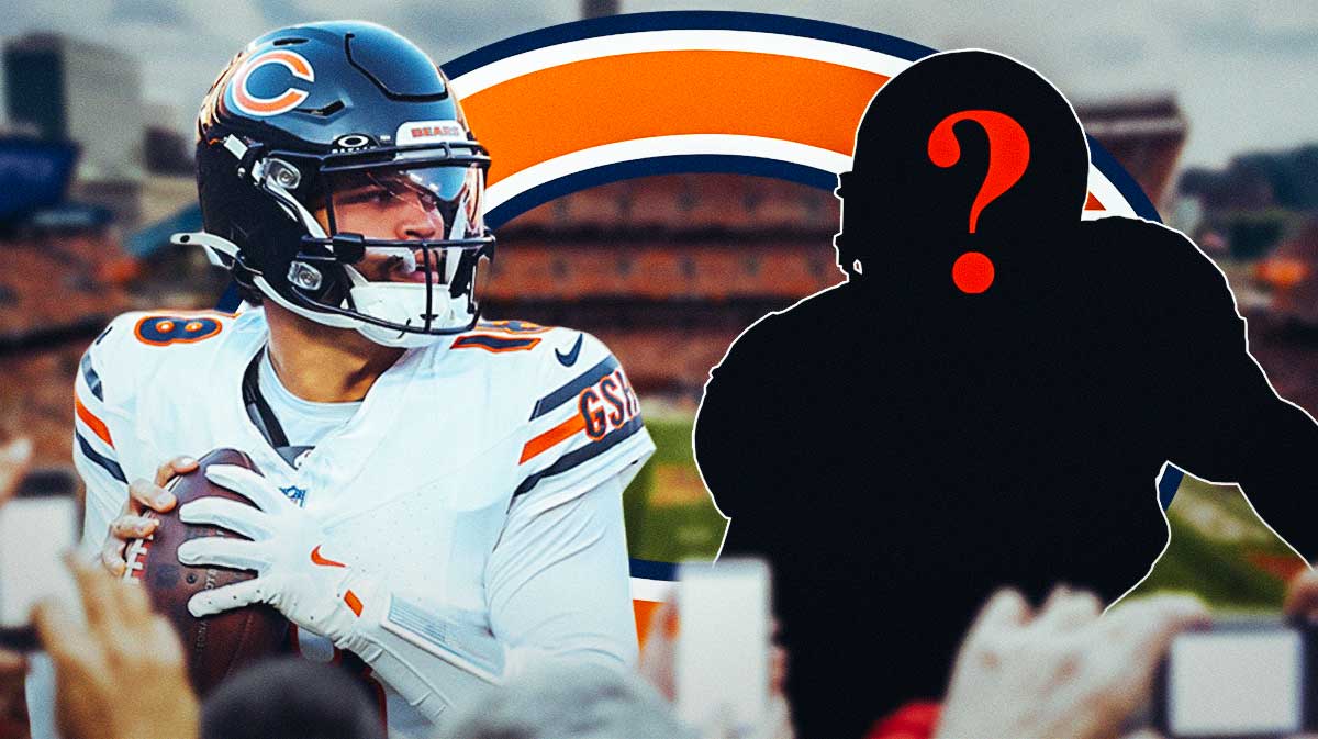 A silhouette of an American football player with a big question mark emoji inside. Next to it is Chicago Bears QB Caleb Williams. There is also a logo for the Chicago Bears.