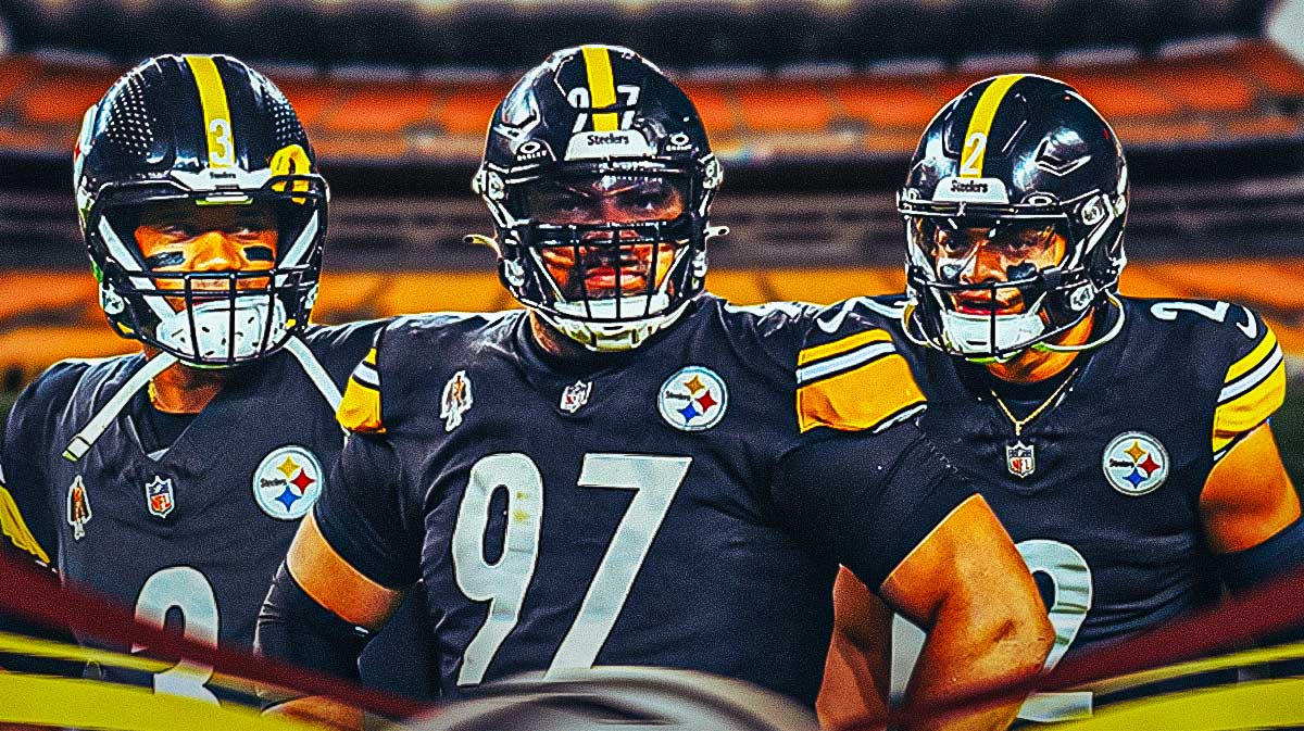 Pittsburgh Steelers star Cam Heyward in the middle of Justin Fields and Russell Wilson in front of Acrisure Stadium.