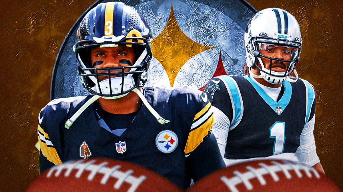 Cam Newton alongside Russell Wilson with a Steelers-themed BG.