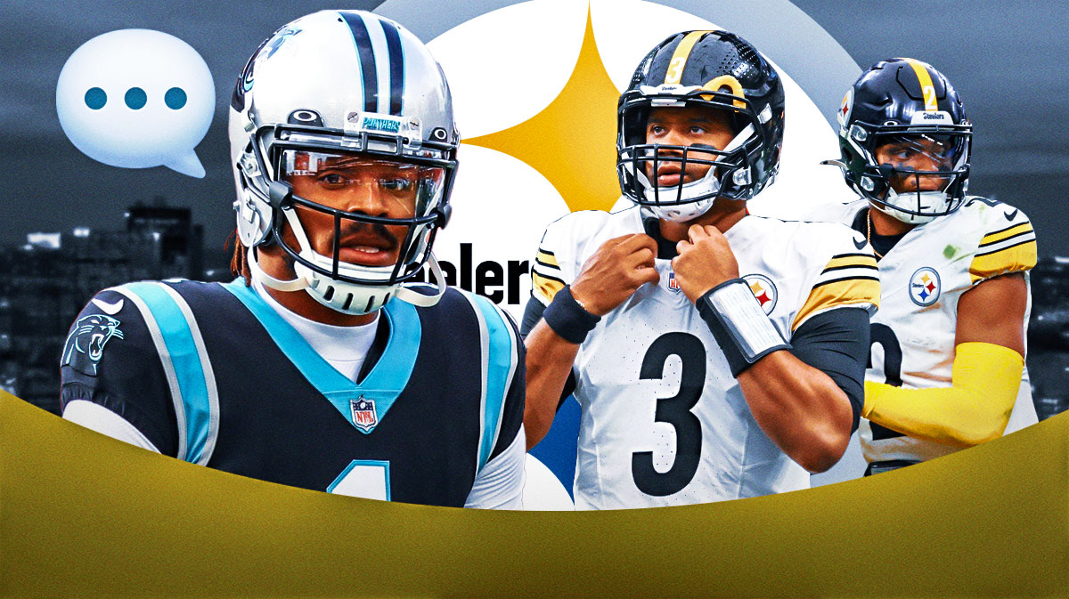 Former NFL QB Cam Newton with a speech bubble that has the three dots emoji inside. He is next to Steelers QBs Russell Wilson and Justin Fields. There is also a logo for the Pittsburgh Steelers.