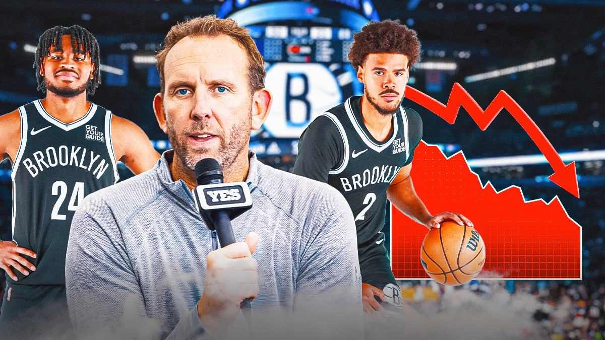 Cam Thomas, Cam Johnson, and Sean Marks with graphs that have red arrows pointing down.