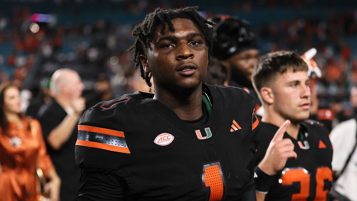 Oct 26, 2024; Miami Gardens, Florida, USA; Miami Hurricanes quarterback Cam Ward (1) looks on after the game against the Florida State Seminoles at Hard Rock Stadium. Mandatory Credit: Sam Navarro-Imagn Images