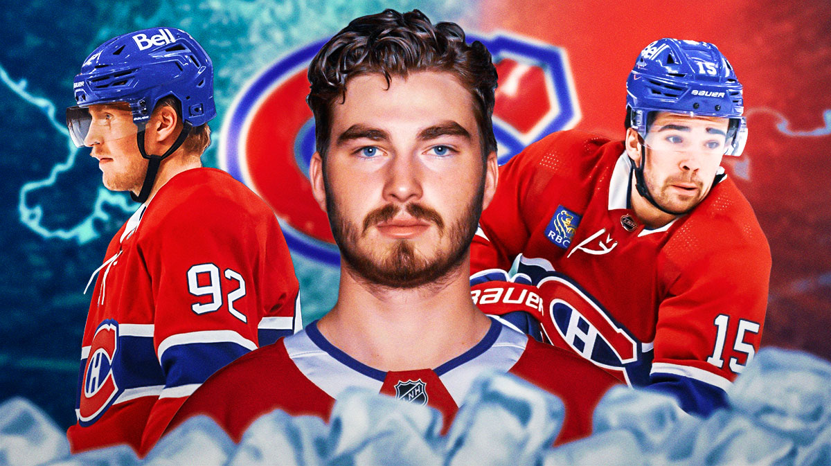Patrik Laine, Kirby Dach, and Alex Newhook in front of a Canadiens logo.