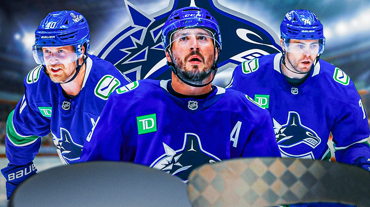 Elias Pettersson, JT Miller, and Jake Debrusk in front of a Canucks logo.