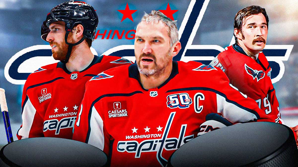 Pierre-Luc Dubois, Alex Ovechkin, Charlie Lindgren in front of a Capitals logo.