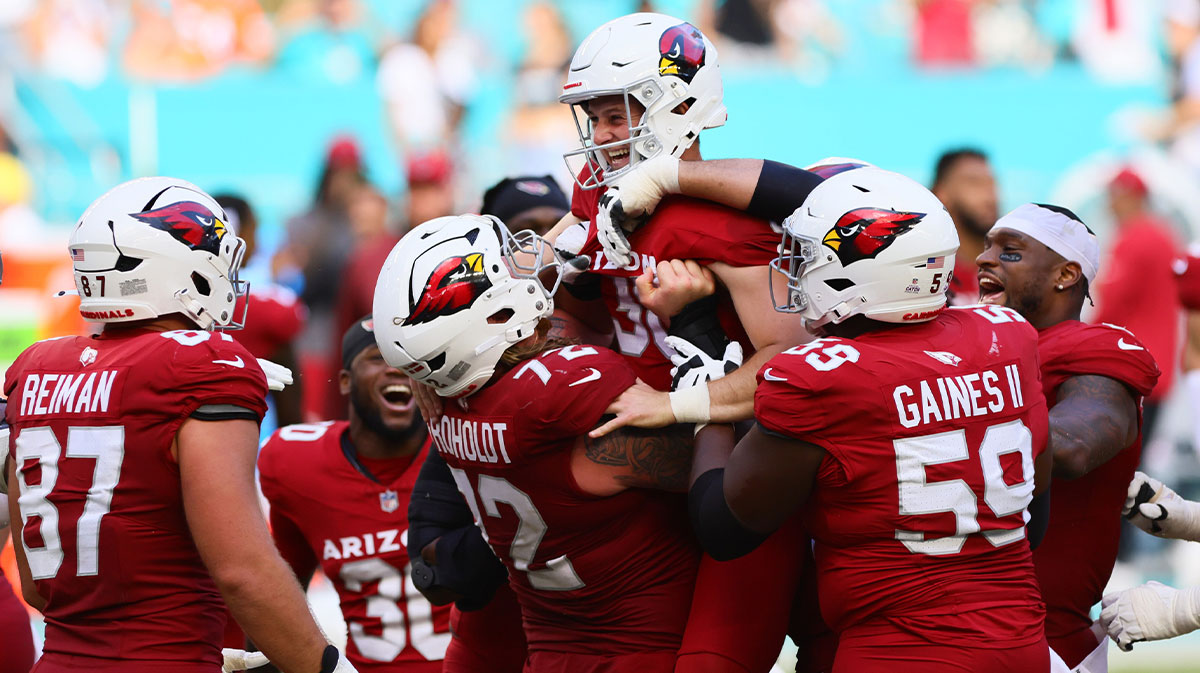 Arizona Cardinals kicker Chad Ryland (38) celebrates with teammates after scoring the game-winning field goal against the Miami Dolphins during the fourth quarter at Hard Rock Stadium.