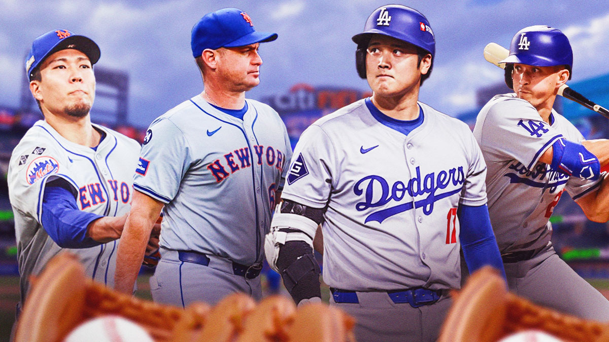 Mets' manager Carlos Mendoza and Kodai Senga next to Dodgers' Shohei Ohtani and Tommy Edman