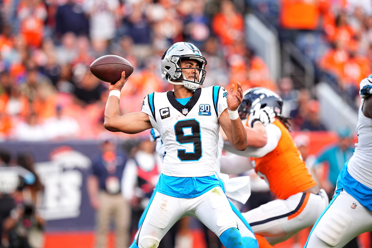 Carolina Panthers quarterback Bryce Young (9) prepares to pass the ball in the fourth quarter against the Denver Broncos at Empower Field at Mile High.