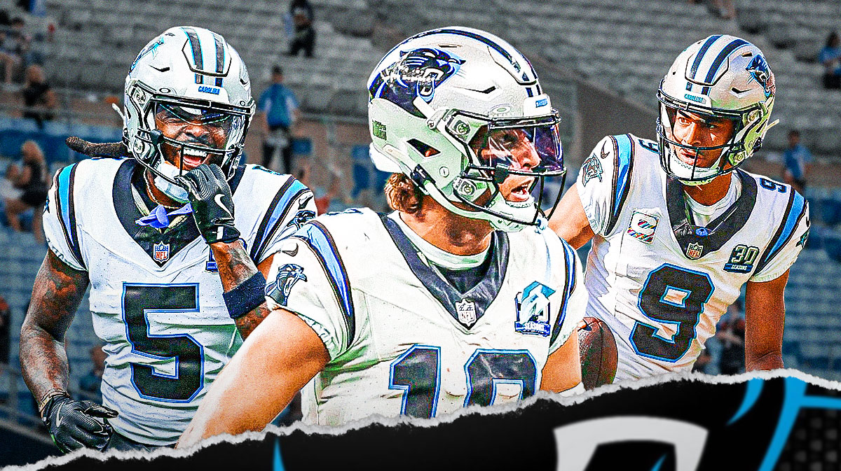 Adam Thielen, Diontae Johnson, and Bryce Young in Panthers jerseys.