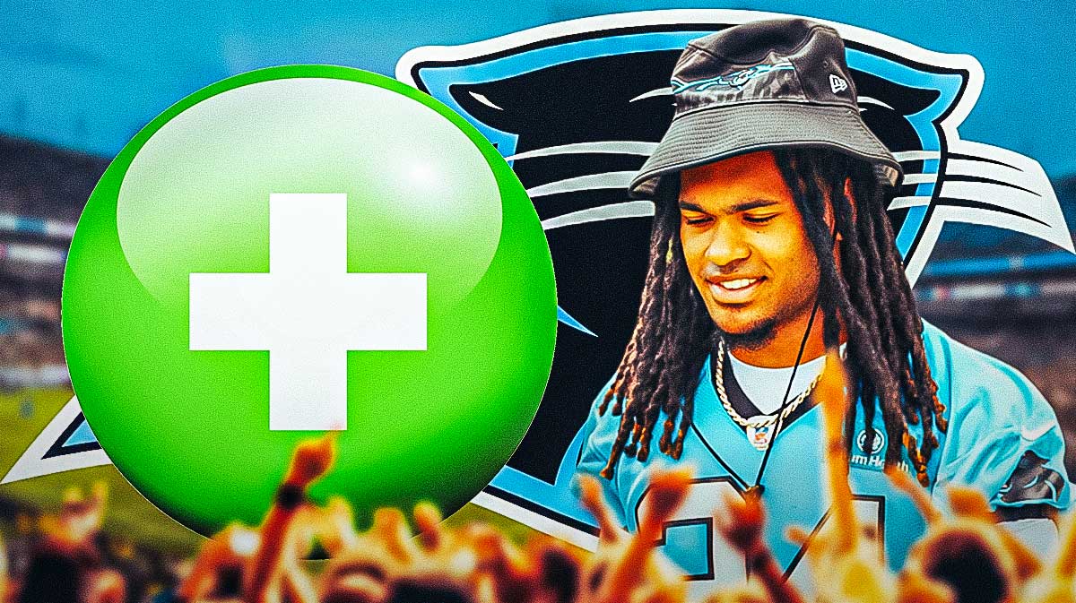 Carolina Panthers RB Jonathan Brooks with a green injury symbol. There is also a logo for the Carolina Panthers.