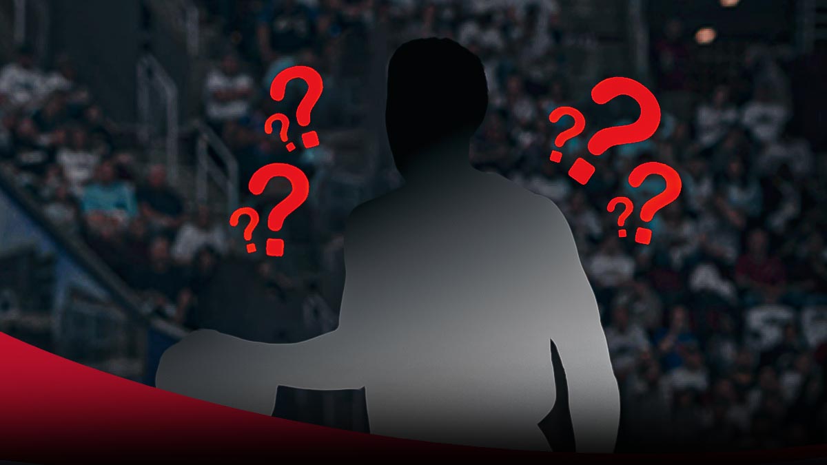 a silhouetted Cavs player surrounded by question marks featuring a Cavs-themed BG.