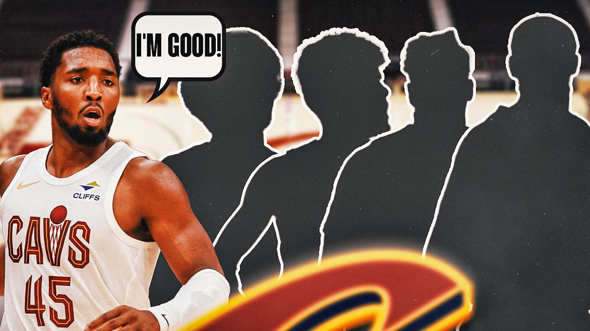 Donovan Mitchell with a speech bubble saying, "I'm good!" next to four silhouetted Cavs players.