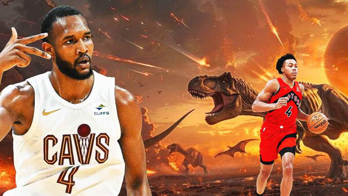 Evan Mobley summoning a meteor shower at Scottie Barnes and a group of velociraptors