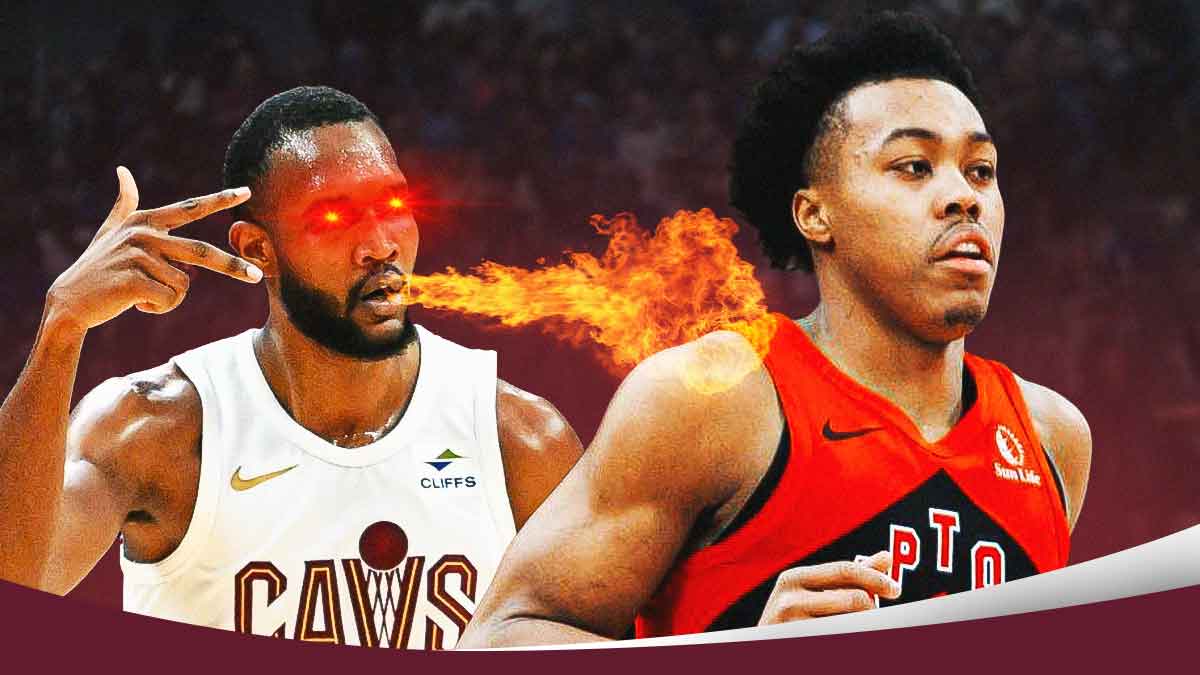 Evan Mobley breathing fire with glowing eyes at a scared Scottie Barnes.