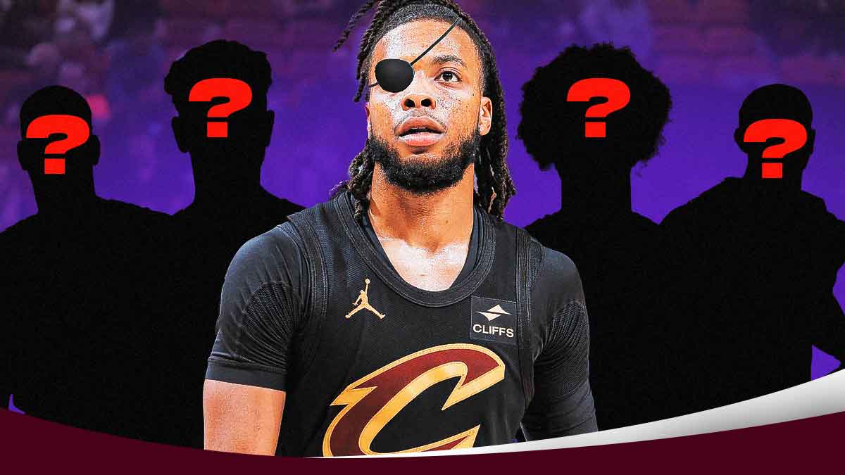 Darius Garland wearing an eyepatch next to four silhouetted Cavs players surrounded by question marks featuring a purple Raptors-themed bg.
