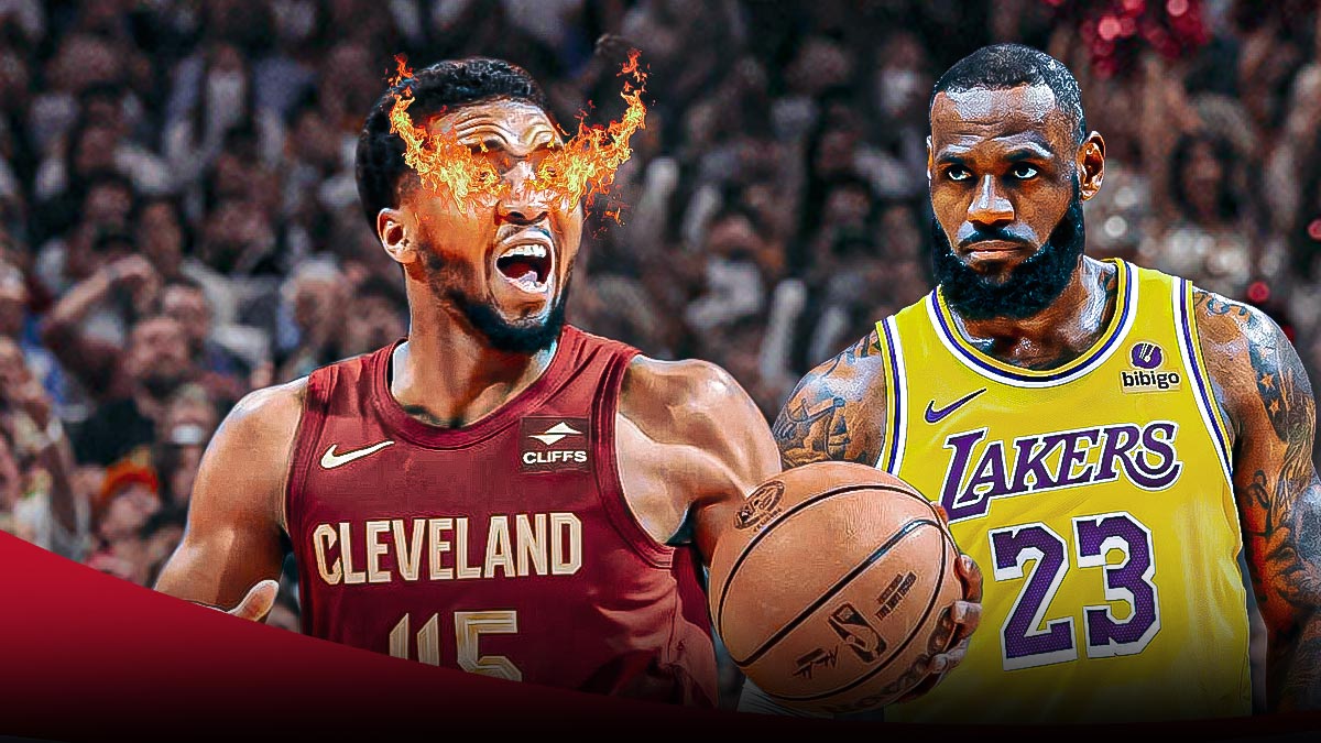 Donovan Mitchell (with fire in his eyes) next to LeBron James featuring a Cavs-Lakers-themed BG.