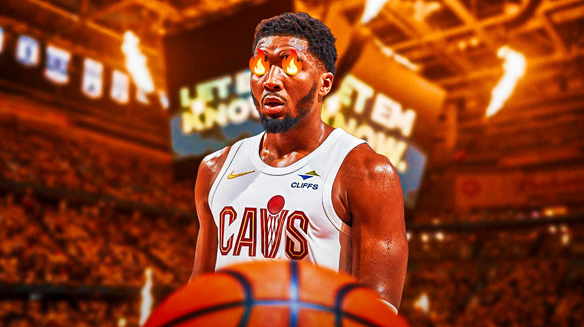 Donovan Mitchell with fire in his eyes featuring an explosive Cavs BG.