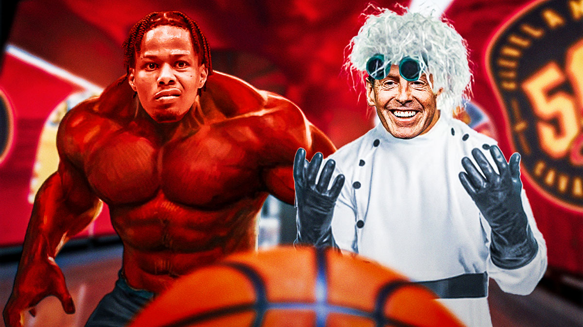 Isaac Okoro as the red Hulk next to the mad scientist Kenny Atkinson with a Cavs-themed BG.