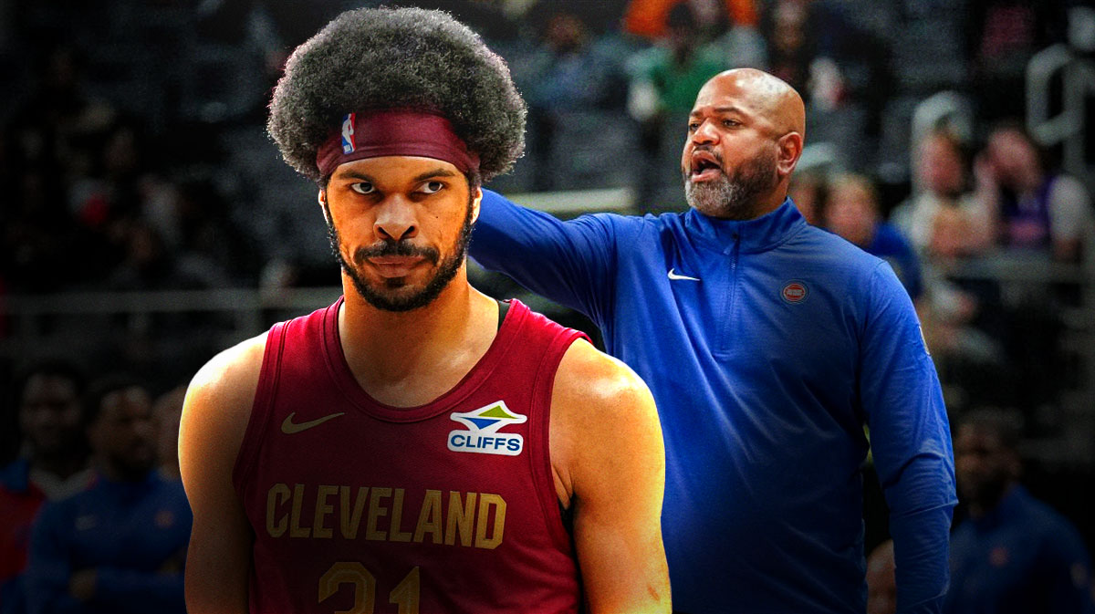 Jarrett Allen next to J.B. Bickerstaff (in Pistons gear) featuring a Cavs-themed BG.