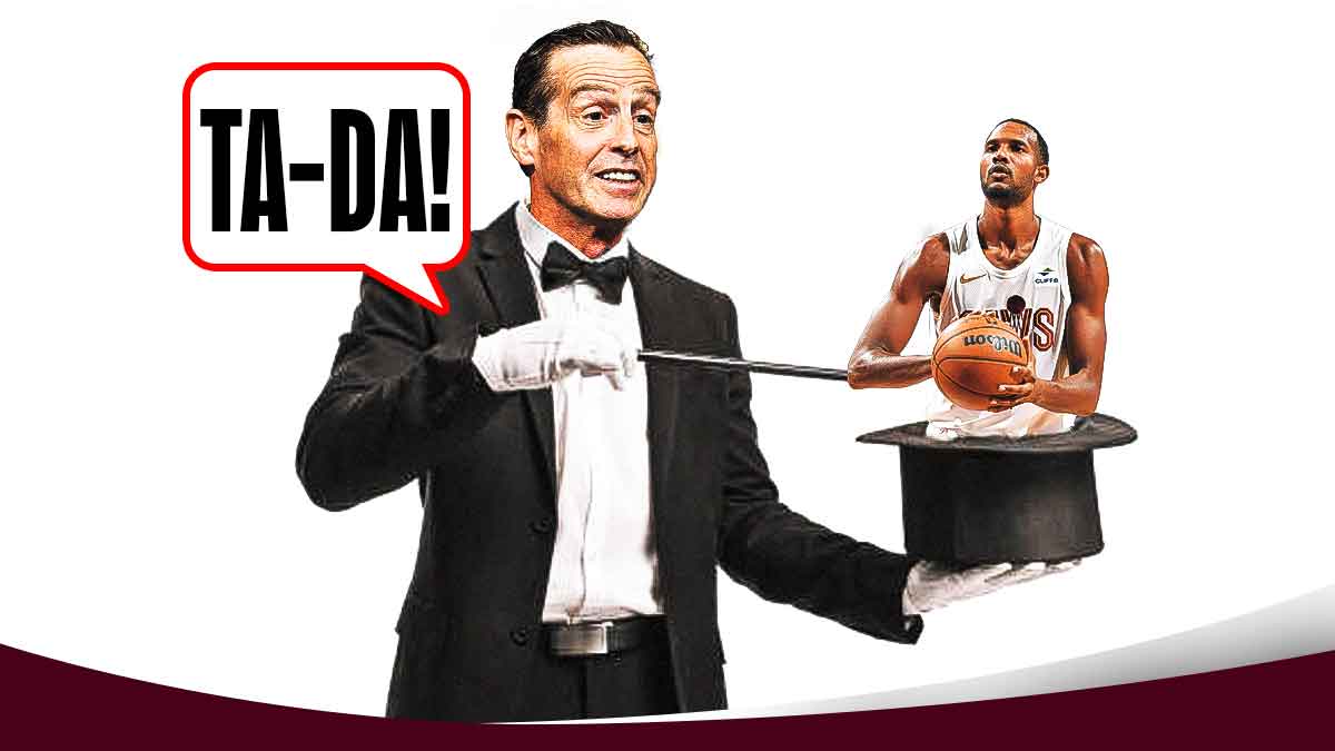 Kenny Atkinson (as a magician) pulling Evan Mobley (as a rabbit) out of a hat, saying, "Ta-da!"