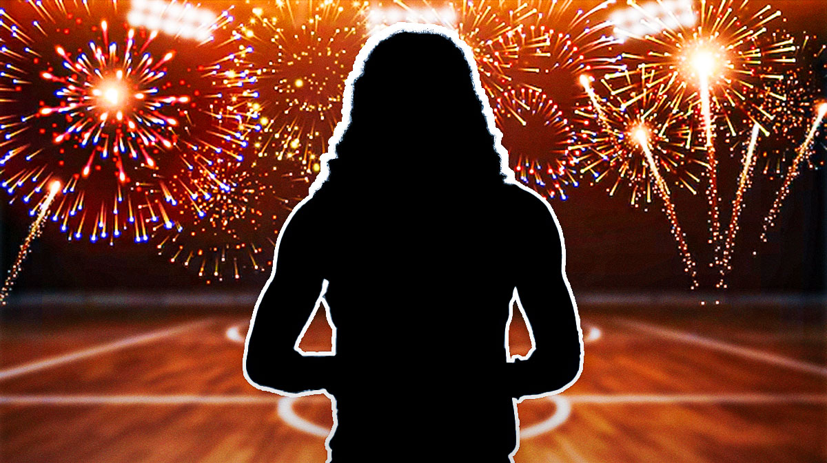 Cavs logo next to a silhouette of Emoni Bates and fireworks in the background