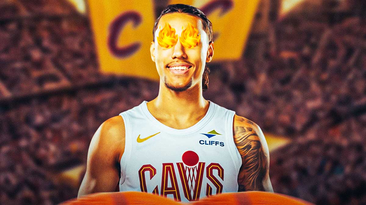 Jaylon Tyson with fire in his eyes featuring a Cavs-themed BG.