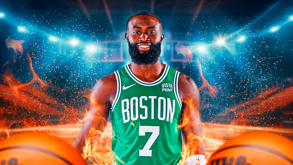 image idea: Jaylen Brown smiling/looking hyped surrounded by flames