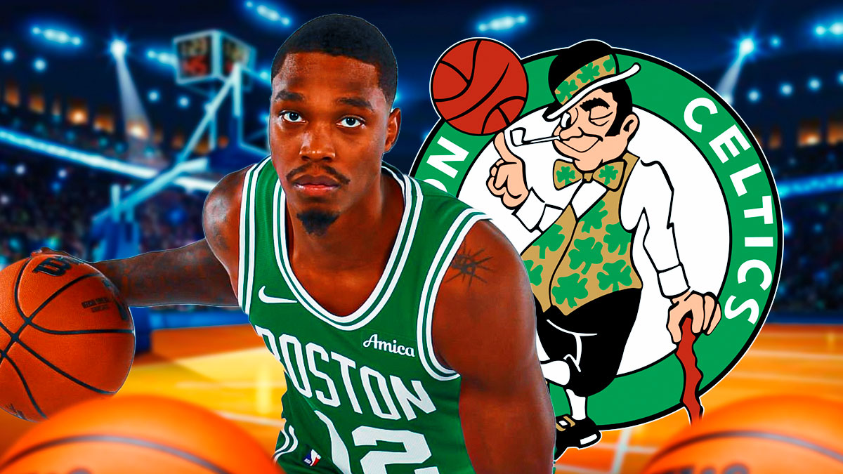 Celtics Lonnie Walker IV with Boston Celtics logo